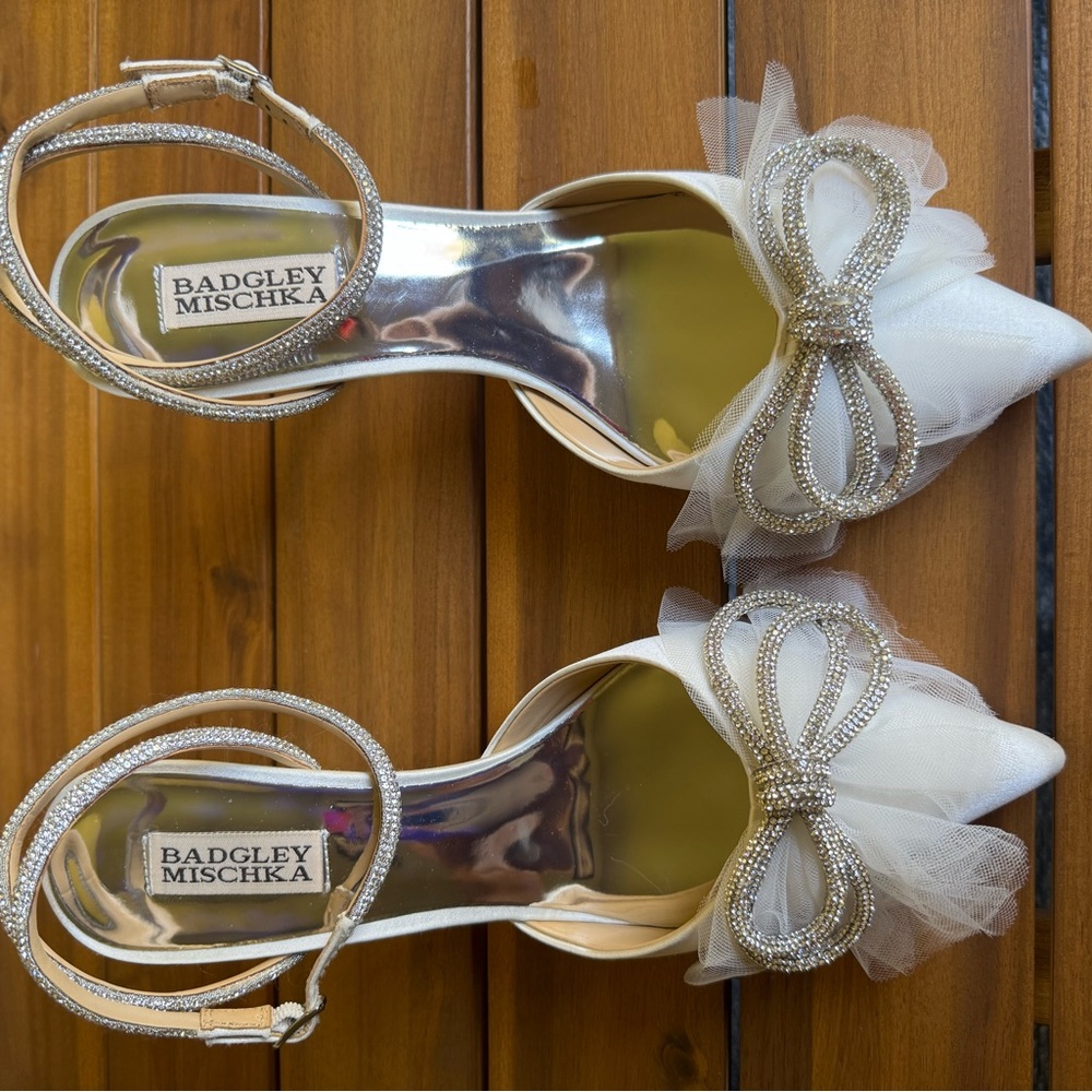Badgley Mischka Ivory Heels with Rhinestone Bow